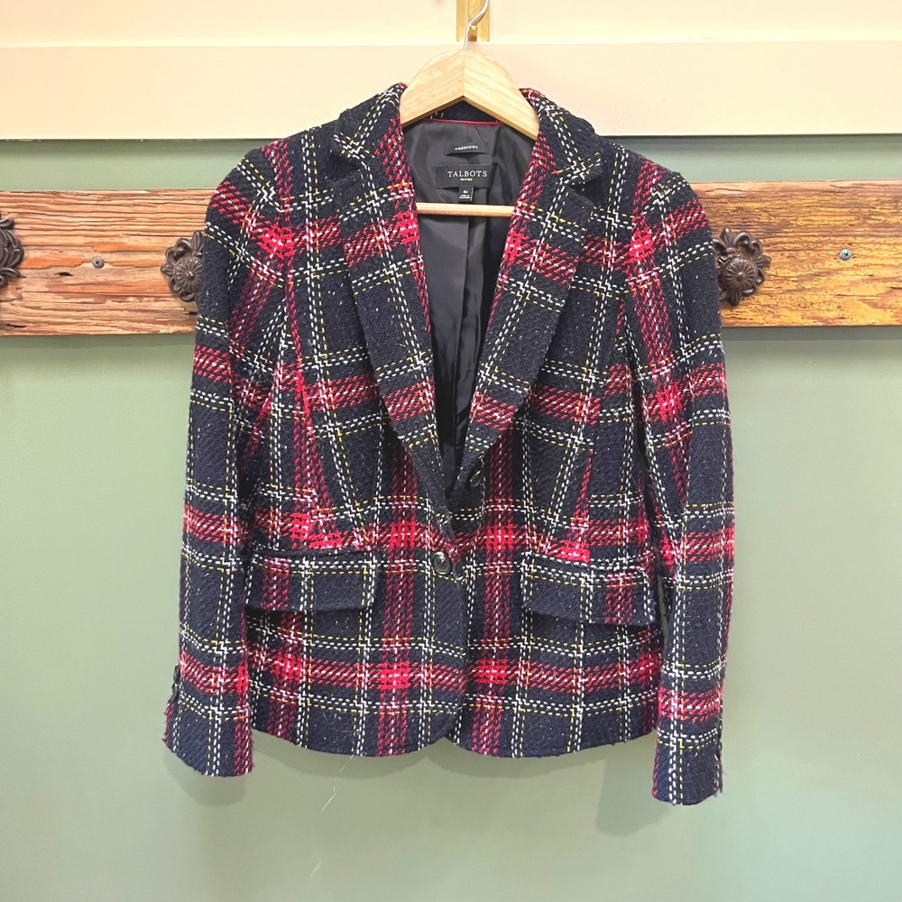 Talbots Aberdeen Plaid Wool Blend Tweed Blazer Navy Red Petites 6P PH5090